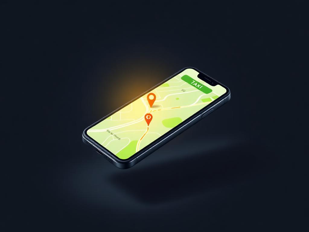 Smartfon z aplikacją TBP wyświetlającą mapę z lokalizacją taksówki