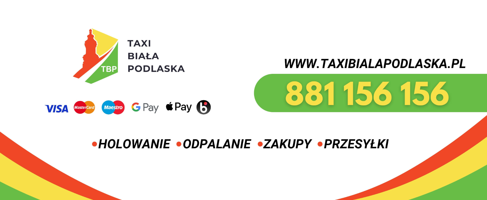 Wizytówka Taxi Biała Podlaska – logo TBP, telefon 881 156 156, akceptowane płatności, holowanie, odpalanie, zakupy i przesyłki