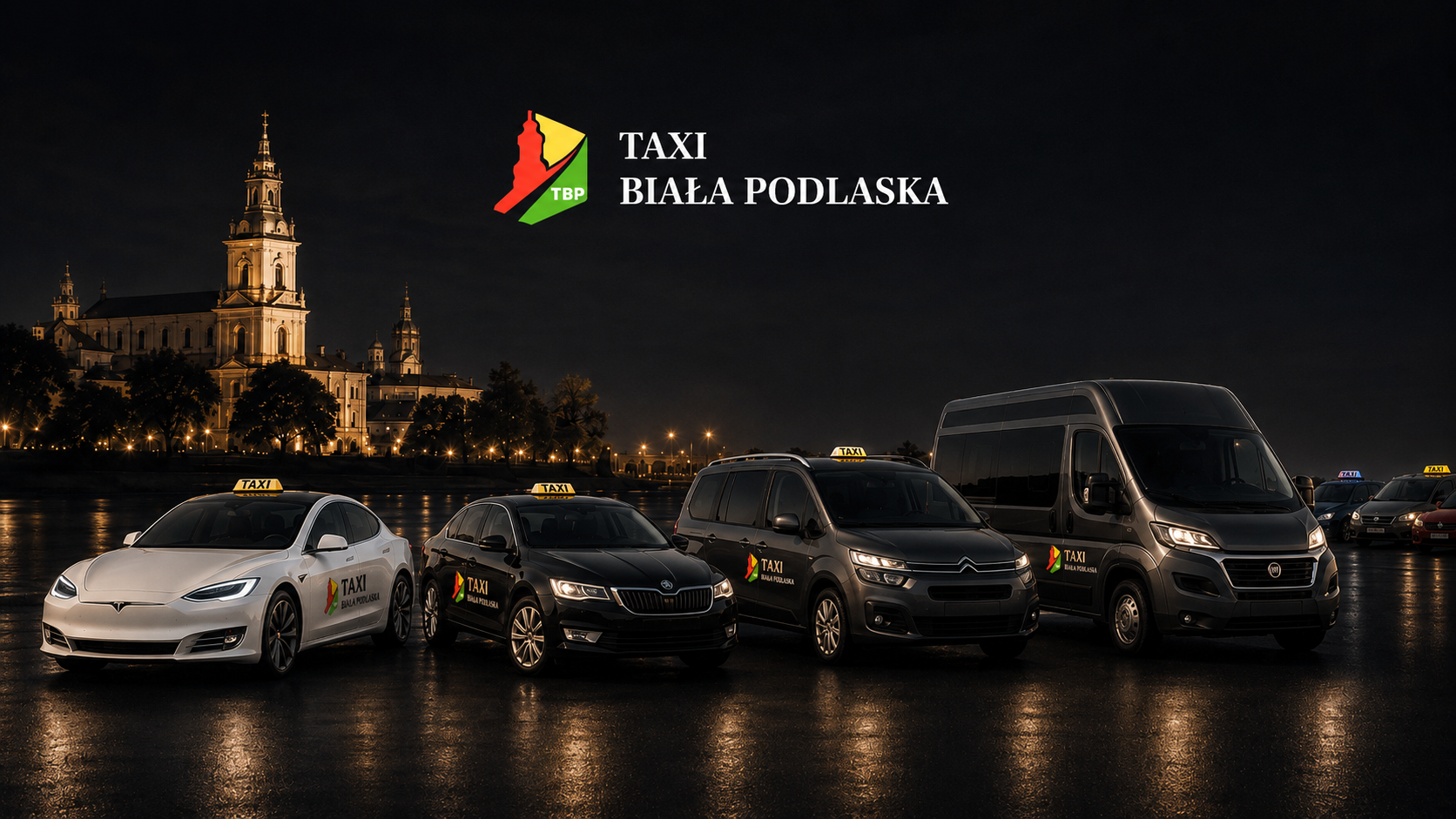Flota Taxi Biała Podlaska na ciemnym tle: taksówka, Tesla, van i bus